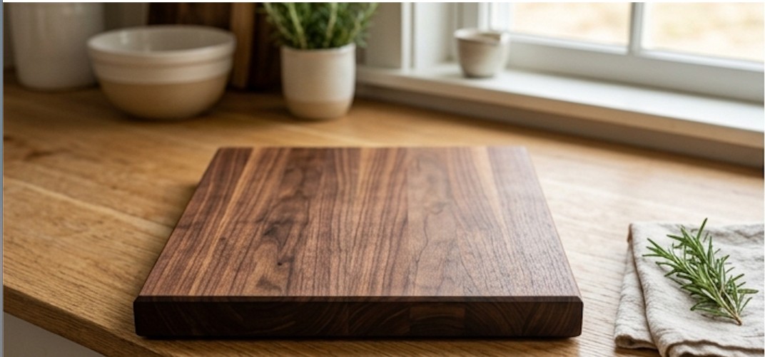 Edge Grain Walnut Cutting Board — 10x14 on a kitchen counter
