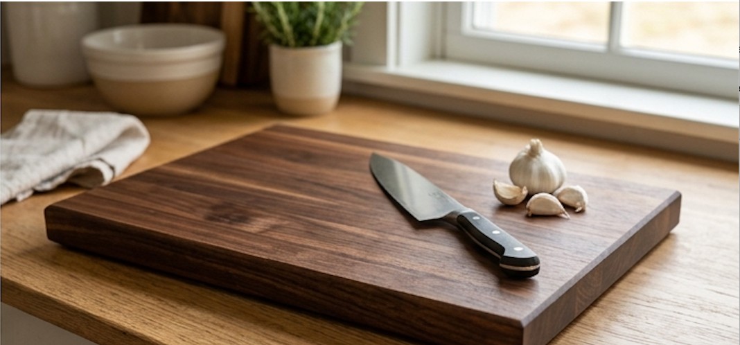 Edge Grain Walnut Cutting Board — 12x18 on a kitchen counter