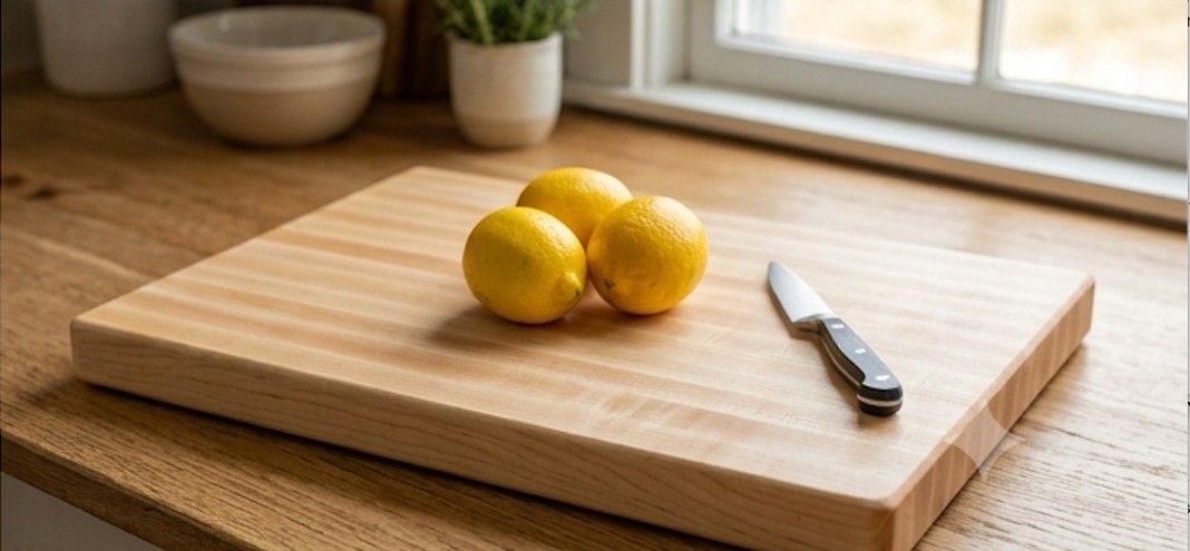 Edge Grain Maple Cutting Board — 12x18 on a kitchen counter