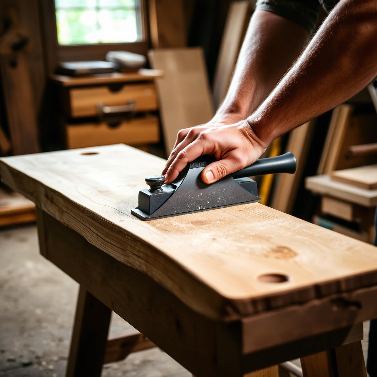 Craftsman planing a board in the workshop